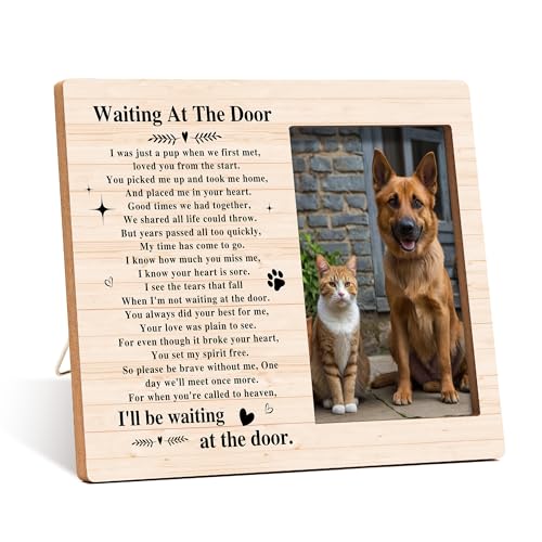 Pet Dog Cat Memorial Photo Frame - Waiting At The Door Dogs Wooden Tabletop Picture Frame - Sympathy Memorial Gifts For Loss Of Dog Cat Owner - In Loving Memory Rustic Frames Favors -02 - style: Rustic