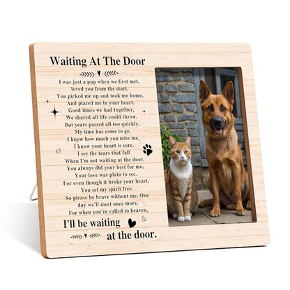 Pet Dog Cat Memorial Photo Frame - Waiting At The Door Dogs Wooden Tabletop Picture Frame - Sympathy Memorial Gifts For Loss Of Dog Cat Owner - In Loving Memory Rustic Frames Favors -02 - style: Rustic