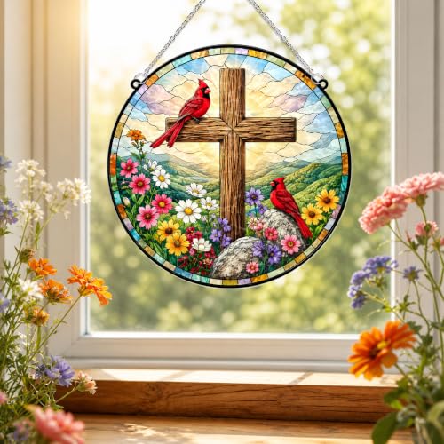 Cardinals with Jesus Cross Memorial Suncatcher, 8" Christian Stained Glass Wavy Acrylic Window Hanging, Sympathy Gift for Loss of Loved One, Mom, Dad, Grandma, Family Member, Religious Gifts for Women - color: Cardinal With Jesus Cross