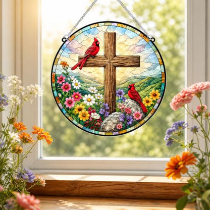 Cardinals with Jesus Cross Memorial Suncatcher, 8" Christian Stained Glass Wavy Acrylic Window Hanging, Sympathy Gift for Loss of Loved One, Mom, Dad, Grandma, Family Member, Religious Gifts for Women - color: Cardinal With Jesus Cross