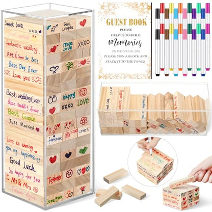 Beeveer 80 Pcs Wedding Guest Book Alternative Wooden Block Guest Book for Wedding Sign in Bridal Shower Decoration 54 Pcs Wooden Block Bridal Shower Game for Sign in, Reception(Leaves) - style: Leaves