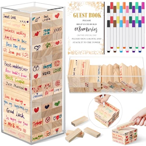 Beeveer 80 Pcs Wedding Guest Book Alternative Wooden Block Guest Book for Wedding Sign in Bridal Shower Decoration 54 Pcs Wooden Block Bridal Shower Game for Sign in, Reception(Leaves) - style: Leaves