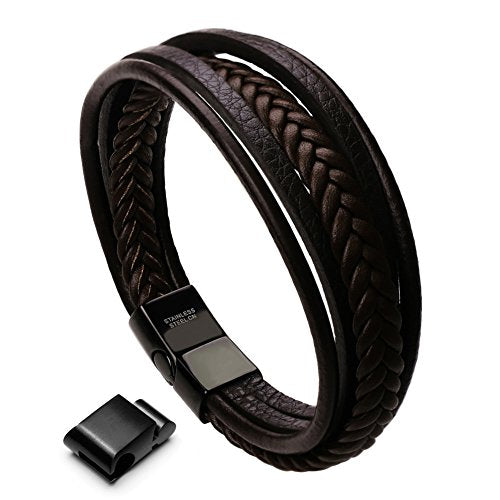 Mens Leather Bracelet with Clasp Cowhide Multi-Layer Braided Leather Mens Bracelet - style: brown leather&black clasp&8.7