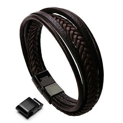Mens Leather Bracelet with Clasp Cowhide Multi-Layer Braided Leather Mens Bracelet - style: brown leather&black clasp&8.7