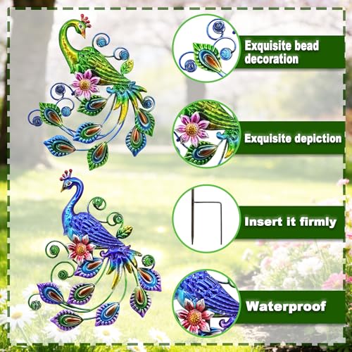 2 Pack Peacock Metal Garden Stakes 29.5in Rustproof Yard Art Outdoor | UV-Protective Coating、Embossed Scrollwork、Outdoor Use、Artisan-Crafted、Timeless Elegance - color: Peacock Ground Stake