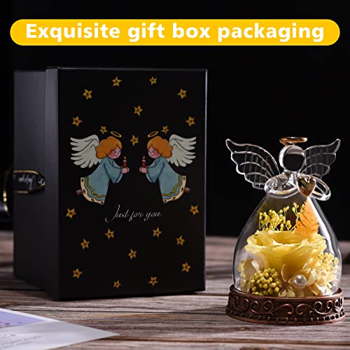 Preserved Real Rose in Glass Angel Figurine with LED Light, Angel Gifts for Women, Mom, Grandma on Mother's Day Christmas Birthday (Yellow) - color: Yellow