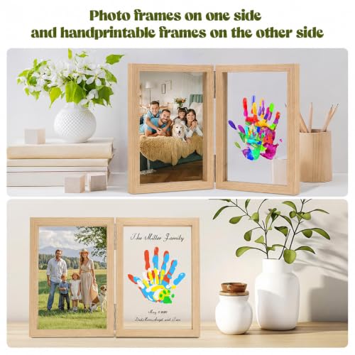 Family Handprint Kit, DIY Baby Hand and Footprint Handmade Keepsake Wooden Frame, Family Gifts with 5 Non-Toxic, Baby-Safe Paints, Gift Ideas for New Parents, Grandparents, Father's Day, Mother's Day - color: Natural Wood, size: 4 Pages Acrylic Boards