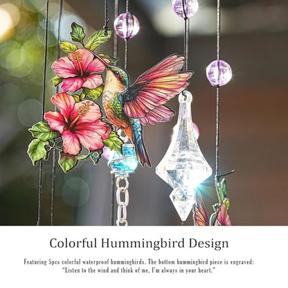 YU FENG Hummingbird Memorial Wind Chime, Crystal Suncatcher Garden Decor | 27 Inch Pink Metal Wind Chime, Hummingbird Design, Sympathy Gift For Women Mom Grandma, Outdoor Hanging Decor - style: Pink Garden – Hummingbird – 27 Inch