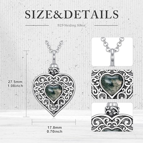 Rose & Daisy Urn Necklace - Sterling Silver Cremation Keepsake Memorial Jewelry - style: Heart Urn Necklace-Moss Agate