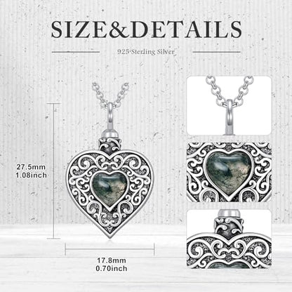 Rose & Daisy Urn Necklace - Sterling Silver Cremation Keepsake Memorial Jewelry - style: Heart Urn Necklace-Moss Agate