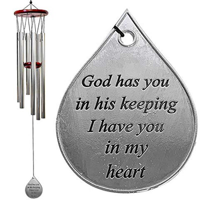 Memorial Wind Chimes Sympathy Gift – “God Has You in His Keeping I Have You in My Heart” – Engraved Teardrop Charm – Wooden Top Chime – Bereavement Gift for Loss – 37" Outdoor-Indoor