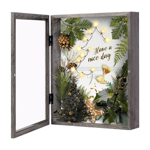 Muzilife 8x10 Shadow Box Picture Frame, 2.16 Deep, Real Glass, Texture Gray | FSC-Wood, Magnetic Door, Linen Interior & Pins, Vertical, Horizontal Wall Hanging, Display Case Frame for Photos & Keepsakes - color: Texture Gray, size: 8x10