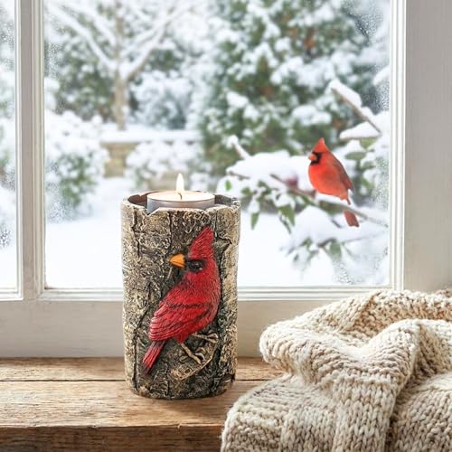 Cardinal Tealight Candle Holder, Faux Birch Resin Wood Decor, Rustic Votive Altar Centerpiece, Outdoor Garden or House Accent, Unique Bird Lover Unique Gifts for Women, Grandma & Mother in Law