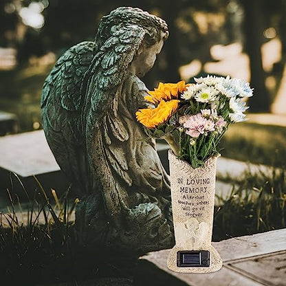 Solar Memorial Cemetery Flower Vase with LED for Fresh/Artificial Cemetery Grave Decorations Angel Statue Vase with Spikes Gravestone Decor - style: Angel