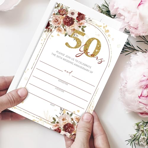 Boho 50th Wedding Anniversary Invitations, 50th Anniversary Invites With Envelopes, Gold Invitation For Couple Reception Celebration Party, 25 Pack 4x6 Invites Cards/02