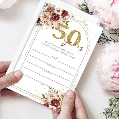Boho 50th Wedding Anniversary Invitations, 50th Anniversary Invites With Envelopes, Gold Invitation For Couple Reception Celebration Party, 25 Pack 4x6 Invites Cards/02