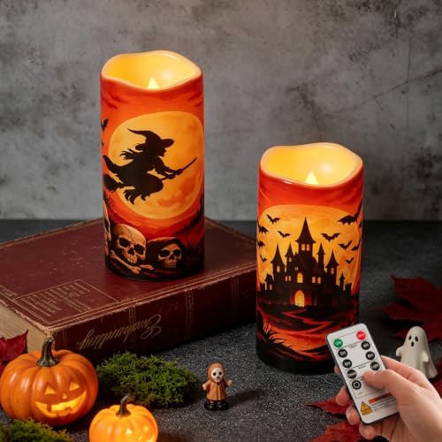 Amagic 3"x6" Halloween Flameless Candles, Waterproof LED Pillar Candles - color: Witch + Castle, size: 2 Pack, D3"xH6"