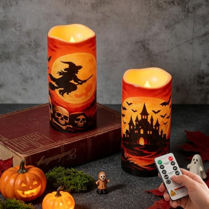 Amagic 3"x6" Halloween Flameless Candles, Waterproof LED Pillar Candles - color: Witch + Castle, size: 2 Pack, D3"xH6"