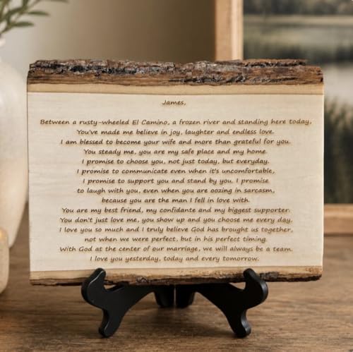 Handwritten Letter on Wood, Custom Engraved Wedding Vows & Anniversary | Authentic basswood, real bark edges, laser engraving, optional back message, 3 sizes, hanging hardware or stand