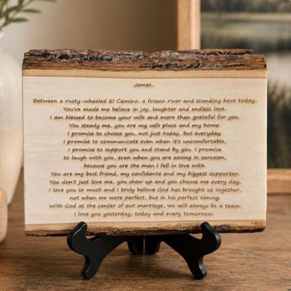 Handwritten Letter on Wood, Custom Engraved Wedding Vows & Anniversary | Authentic basswood, real bark edges, laser engraving, optional back message, 3 sizes, hanging hardware or stand