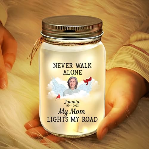 Never Walk Alone - Personalized Mason Jar Light, Memorial Gifts for Loss of Mom, Dad, Loved One, Funeral Gift for Sister, Bestie - color: Custom Memorial Style 01