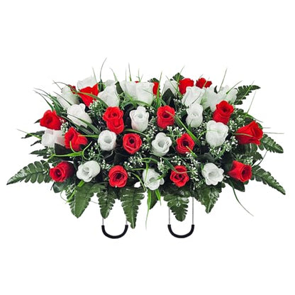42-Stem Red & White Headstone Flower Saddle with Adjustable Rubber Grip - color: 42 Stem Red & White