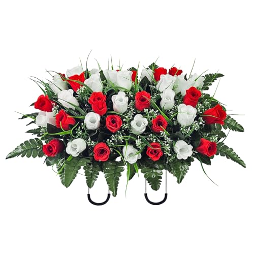 42-Stem Red & White Headstone Flower Saddle with Adjustable Rubber Grip - color: 42 Stem Red & White