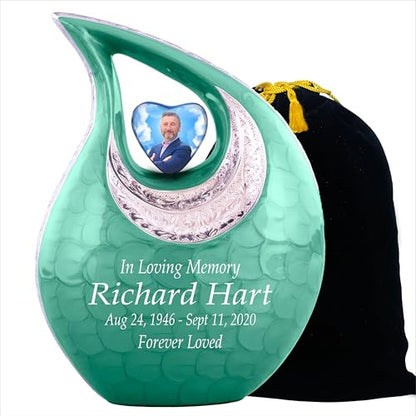 Personalized Photo & Text Green Teardrop Cremation Urns for Adult Ashes Male Female - 156 Lbs Burial Urns for Human Ashes - Handcrafted Funeral Decorative Urn for Adult with Velvet Bag - size: 156 Lbs Adult Urn
