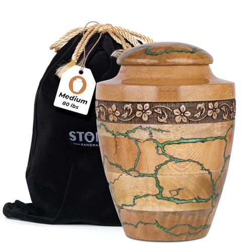 Wooden Urns for Human Ashes – 80 lb Green Thunderstorm Pattern Cremation Urn, Decorative Burial Container for Ashes Adult Male or Female Memorial Display - size: Medium 80 Cu In