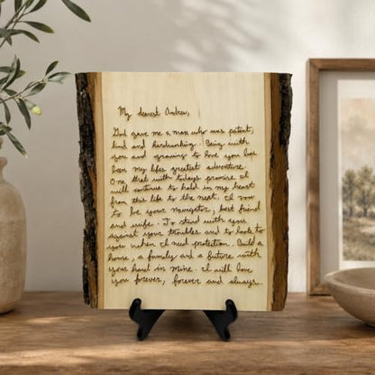 Handwritten Letter on Wood, Custom Engraved Wedding Vows & Anniversary | Authentic basswood, real bark edges, laser engraving, optional back message, 3 sizes, hanging hardware or stand