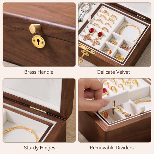 Black Walnut Wooden Lockable Jewelry Box, 2 Layer Organizer Case for Women - color: 2 Layer Lockable