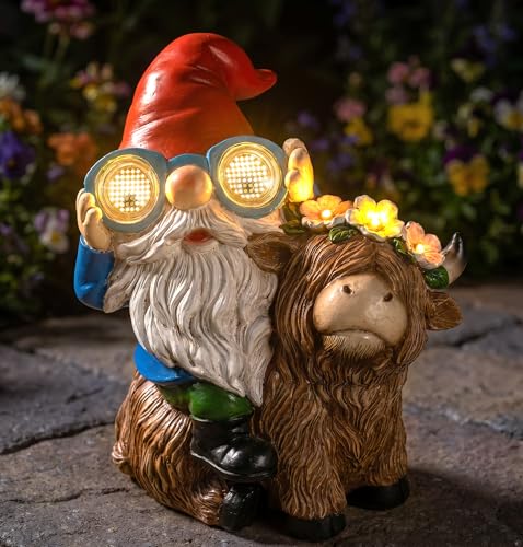 C&Y&G&X Solar Garden Gnome Statue with Highland Cow, Outdoor Solar Garden Decor with LED Lights, Waterproof Resin Yard Art Lawn Ornament for Patio Yard Porch, Gifts for Women Garden Lovers - color: Gnome - Highland Cow