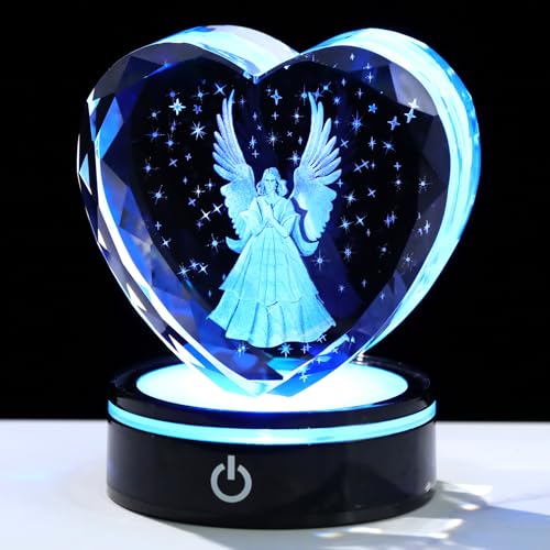 Ornalrist 3D Crystal Guardian Angel Figurines Gifts for Women Girls Decor | LED Light Base, Glass Heart Praying Angel Memorial Gift for Friends Girlfriend, Home Decor - color: Angel