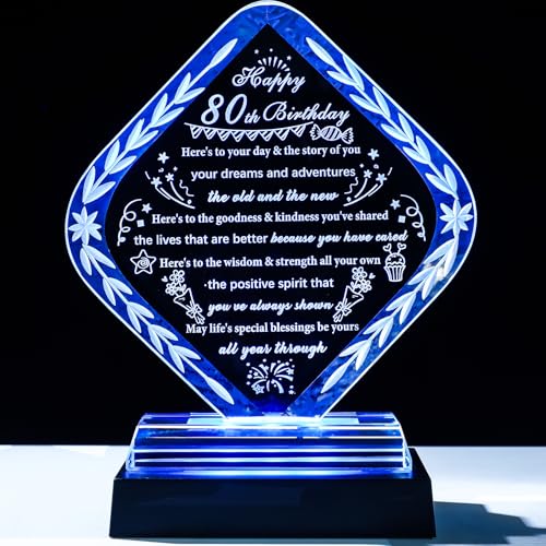 YWHL 80th Birthday Gifts for Men Women with Colorful Light Base Crystal Happy 80th Birthday Plaque Decorations Ideas Best Gifts for 80 Year Old for Mom Dad Wife Husband - style: 80th Birthday Gifts+Light Base