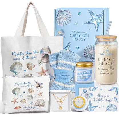 Gifts for Women, 8pcs Ocean Happy Birthday Gifts for Women, Christmas Ideas Inspirational Get Well Soon Gift Baskets Mothers Day Box w/Seashell Tote Bag for Her Mom Sister Friend Friendship - color: Blue