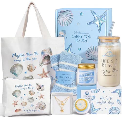 Gifts for Women, 8pcs Ocean Happy Birthday Gifts for Women, Christmas Ideas Inspirational Get Well Soon Gift Baskets Mothers Day Box w/Seashell Tote Bag for Her Mom Sister Friend Friendship - color: Blue