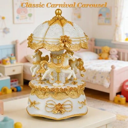 Carousel Music Box,Luxury Color Change LED Light ,Luminous Rotating 3-horse | Luminous Music Box, musical box with Gift Box for Girls Birthday Valentine Gift (You are My Sunshine, Gold) - color: Gold, style: You are My Sunshine