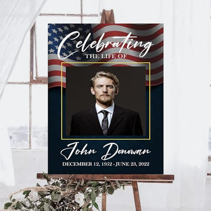 Personalized Veteran Memorial Poster, In Loving Memory Welcome Sign, Celebration Of Life Veteran, American Flag Funeral Welcome Sign, Military Funeral Poster Photo Sign #4 - color: Design 04