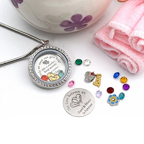 Beffy Locket Gifts for Niece Aunt, Floating Living Memory Necklace Pendant | Pendant Charm & Birthstone for Women, Mothers Day, Birthday, Stainless Steel - color: NiecesAunt-C002