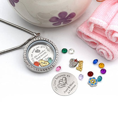 Beffy Locket Gifts for Niece Aunt, Floating Living Memory Necklace Pendant | Pendant Charm & Birthstone for Women, Mothers Day, Birthday, Stainless Steel - color: NiecesAunt-C002