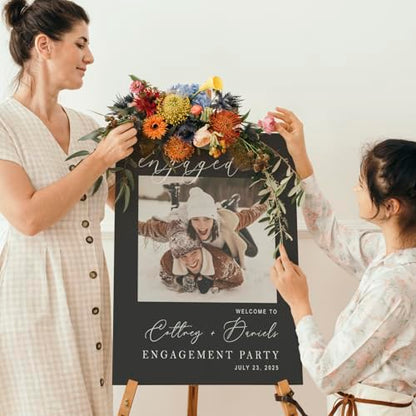Customized Engagement Party Welcome Sign with Personalized Photo | Custom Couple Names & Date | Black Engagement Backdrop | Waterproof PVC Celebration Board - color: Design 14