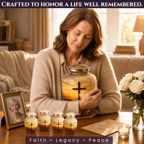 Custom Engraved Serenity Sunset Cross Cremation Urn for Human Ashes Set of 6 Includes 1Large Funeral Urn for Adult Male & Female with 4 Small Keepsake Urn & 1 NecklaceUrn to Memory of Your Loved Ones - color: Serenity Cross Set - Custom