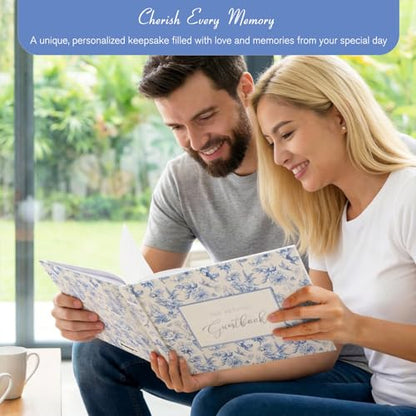 Blue Floral Wedding Guest Book with Pen, Hardcover, 144 Pages, 9x7 inches | Silver Foil Title, Space for Polaroid Photos Messages, Sign In Book for Reception, Bridal Shower Guest Book, Engagement Party - color: Blue