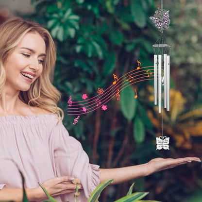 Outdoors Butterfly Wind Chimes Sympathy Memorial for Loss of Loved One - Soothing Melodic Tones Aluminum Chime Great as a Gift for Your Patio Porch Garden and Backyard (22.2" Silvery) - size: 22.2" Silvery Butterfly Ornament