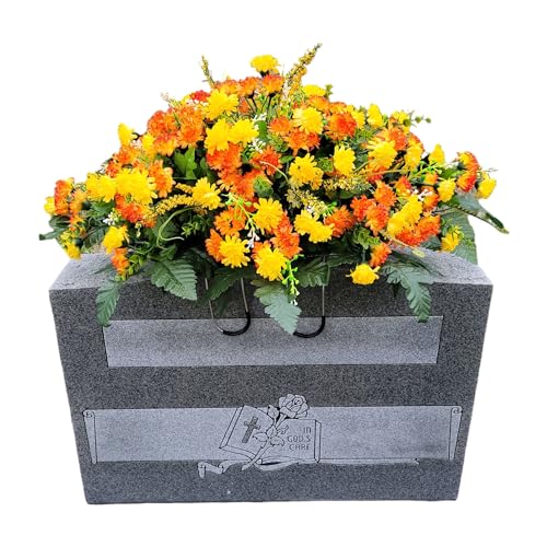 Cemetery Saddle Memorial Decoration - Realistic Silk Faux Floral Artificial Grave Flowers - Orange Yellow Mini Mums for Headstone Decorating