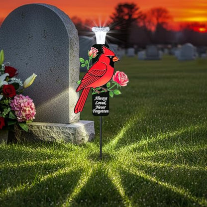 Solar Cardinal Memorial Stakes for Graves - Metal Cemetery Decorations with LED Light, Sympathy Gift for Loss of Father Dad, Mom, Grandma, Garden Grave Markers - style: Red Cardinal