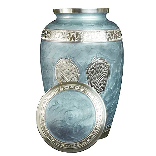 Custom Engraved Angel Wings Funeral Cremation Urn with Matching Keepsake and Velvet Bag (Sky Blue, Large) - color: Sky Blue, size: Large