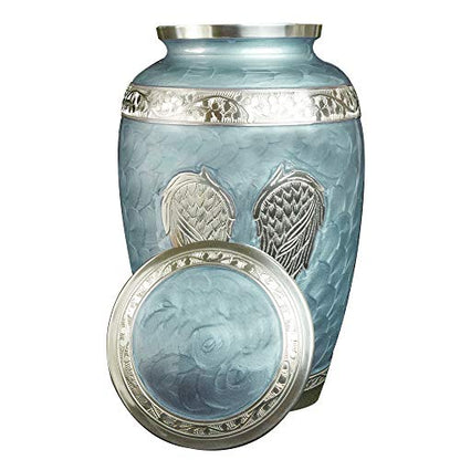 Custom Engraved Angel Wings Funeral Cremation Urn with Matching Keepsake and Velvet Bag (Sky Blue, Large) - color: Sky Blue, size: Large