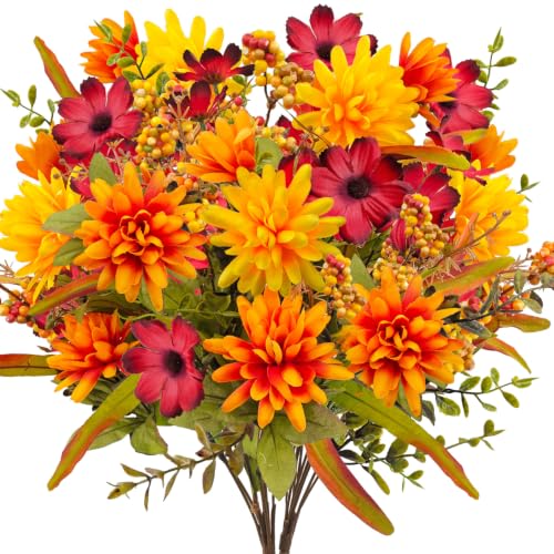 2 Bundles Fall Cemetery Flowers Artificial for Graves, 19.88" Long Stem Fall Yellow Mums for Home Decorations, UV Resistant Faux Fall Flowers for Outdoor Headstone Memorial Decorations, Sympathy Gift