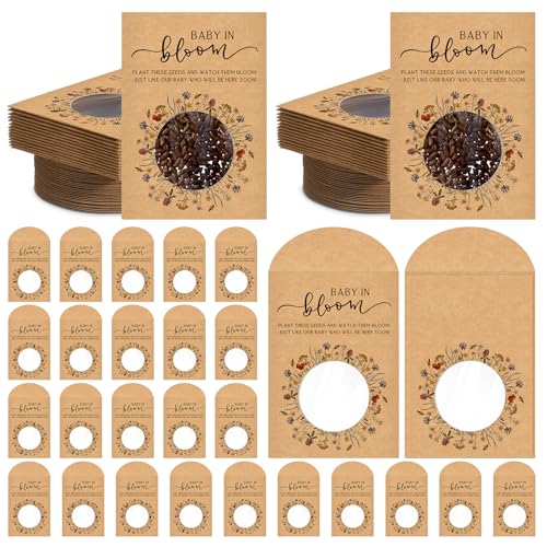 Fumete 25 Pack Baby in Bloom Seed Packets Wildflower Baby Shower Envelopes Kraft Bags with Clear Window Resealable Seed Organizer Storage Bag for Gender Reveal Party Favors, No Seeds(Kraft) - color: Kraft